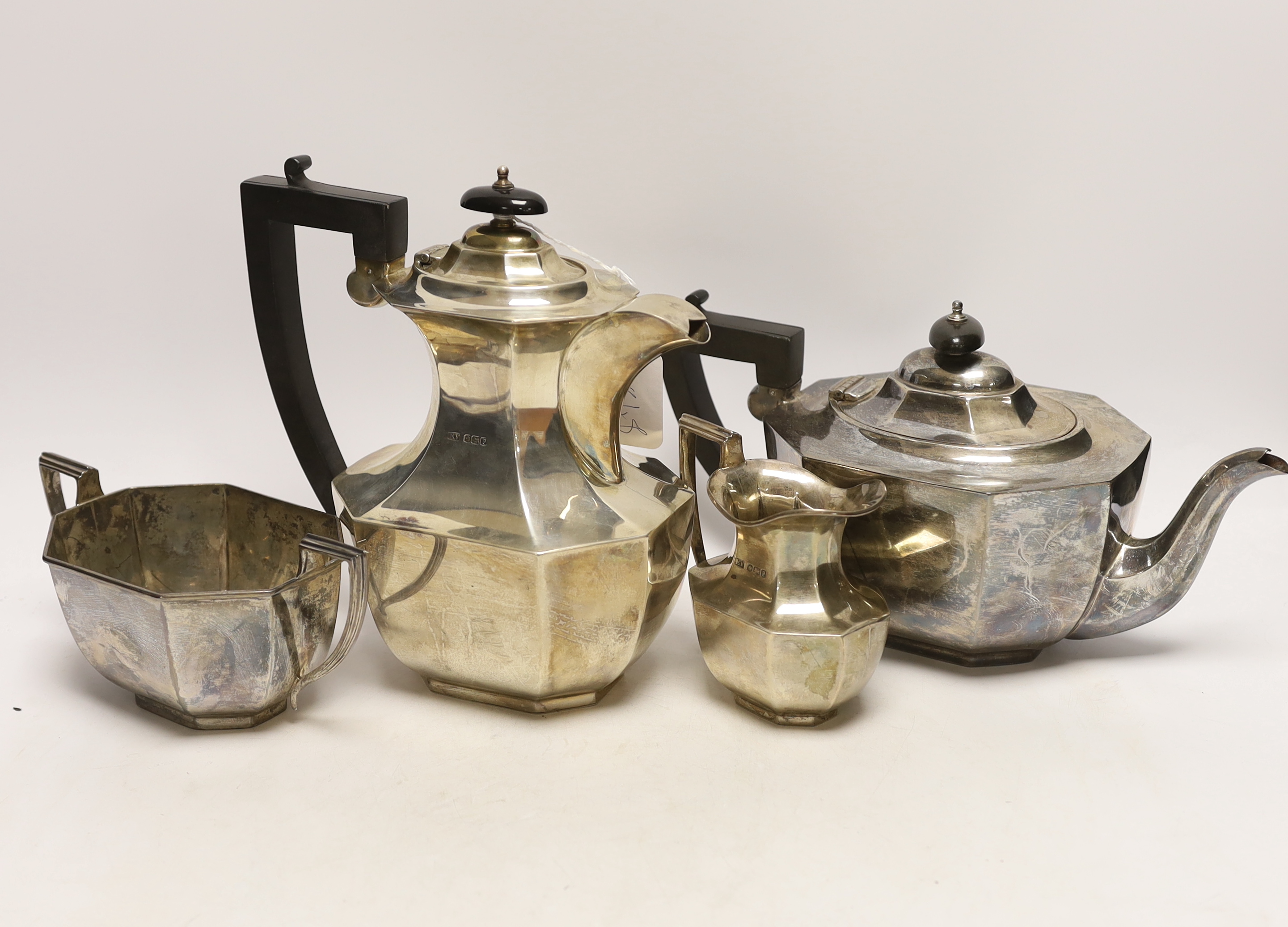 A 1930's silver four piece tea set with ebonised handles, Viners Ltd, Sheffield, 1932